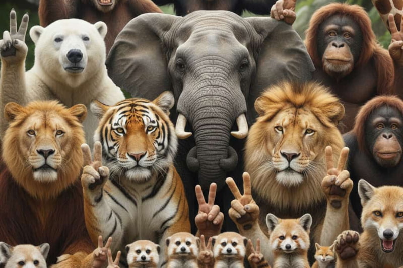 ピースする動物たち